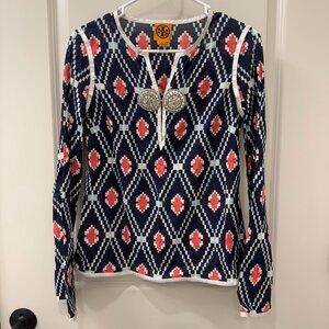 Tory by TRB Blue Pink Sheer Top Metallic Trim Size 2 Early Tory Burch